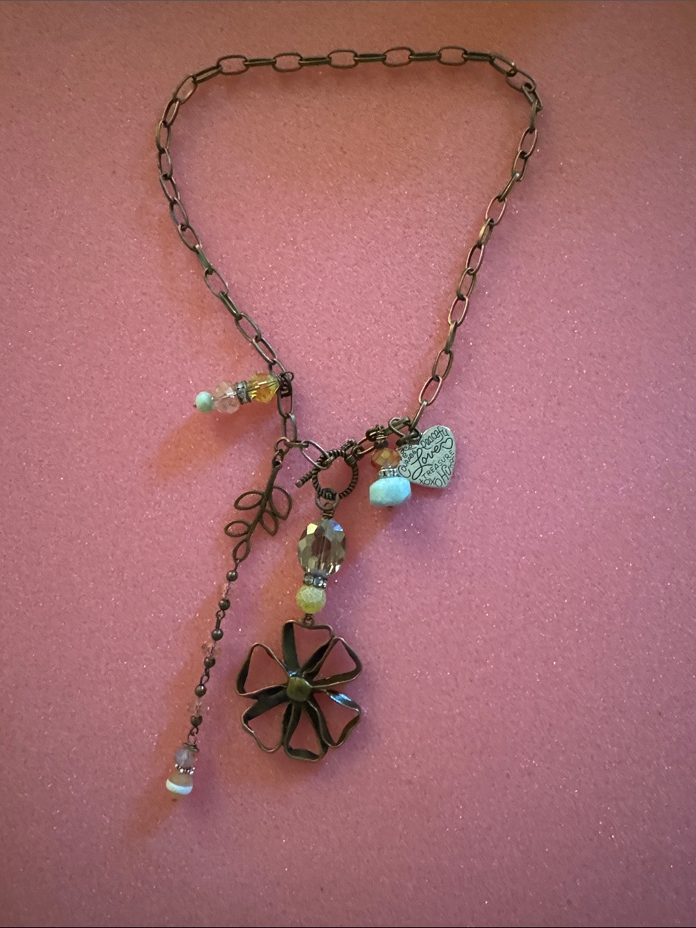 Chunky Bronze Flower Pendant Necklace with Pink and Aqua Accents